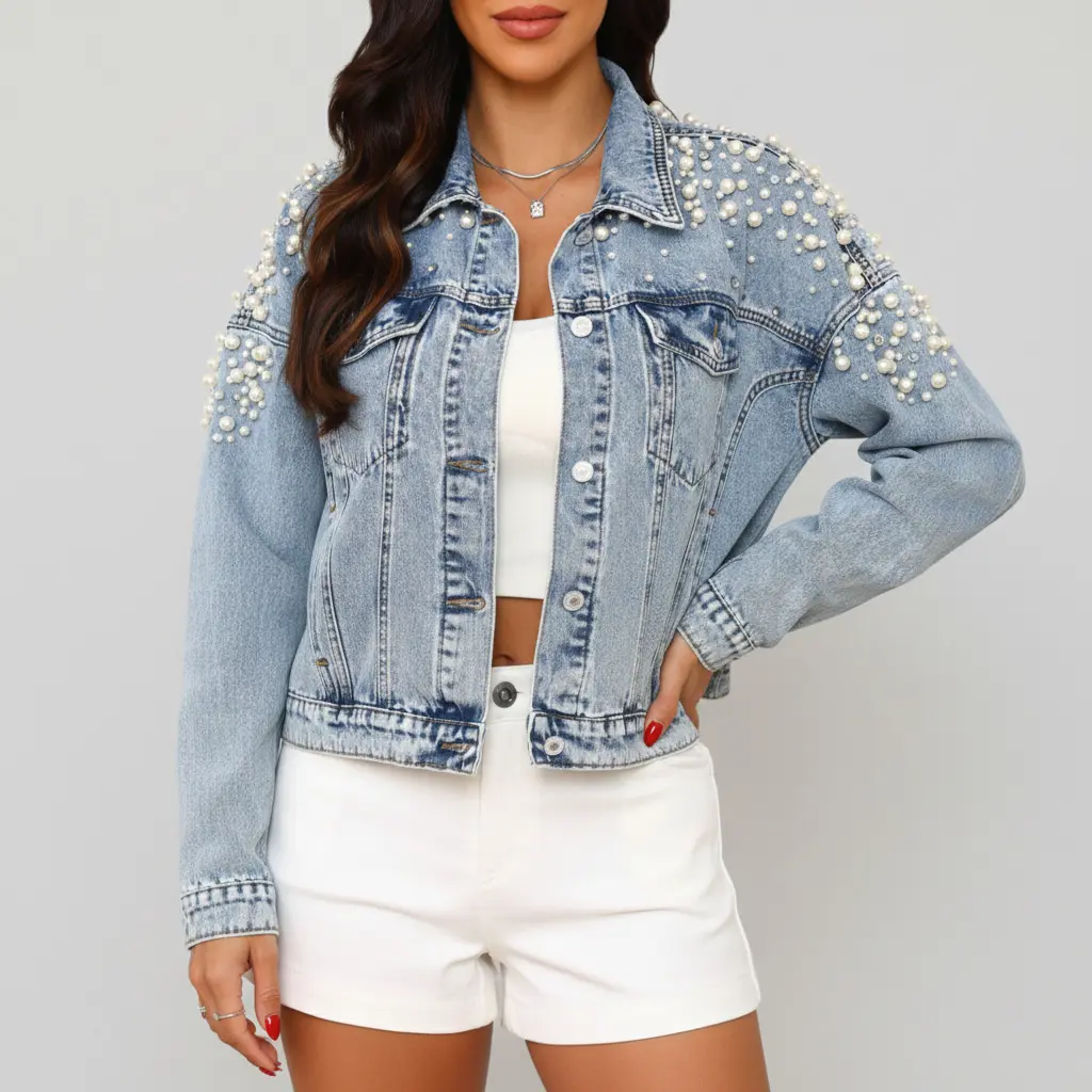 Women's Denim Jacket, Pearl Embellished Cropped Coats, Oversized Vintage Cotton Statement Piece for a Festival Cowboy Girl Style