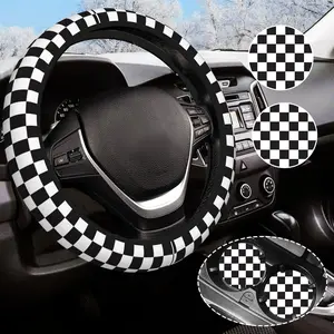 Checkered Steering Wheel Cover Rubber Anti-Slip 14.5-15 Inch  Steering Wheel Cover with 2 count  Coasters Suitable for Men Women