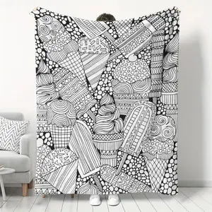 Black White Abstract Doodle Blanket, Soft Flannel Throw Blanket with Geometric Line Art Coloring Book Style Print, Cozy Gift for Women Men Teens and Art Lovers, Modern Creative Room Decor for Bed Couch Sofa Dorm, Lightweight Warm Blanket for Movie Night