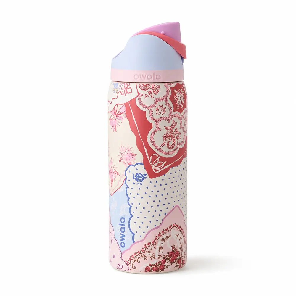 Owala Pink Floral Patchwork Insulated Water Bottle with Built-In Straw, Push-Button Lid & Carry Handle – Cute Scarf Print Stainless Steel Bottle for Women & Teens, School, Work, Gym & Daily Use