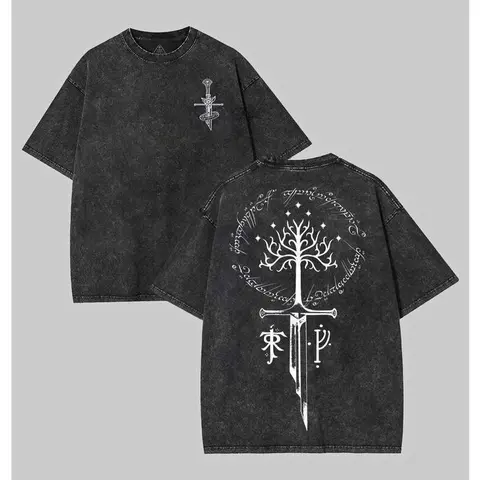 Men's Retro Cotton Vintage Crew Neck Short-Sleeve Graphic T-Shirt - Unisex JRR Tolkien Middle Earth Merch, Classic Cold Wash Distressed Top, Menswear Gift