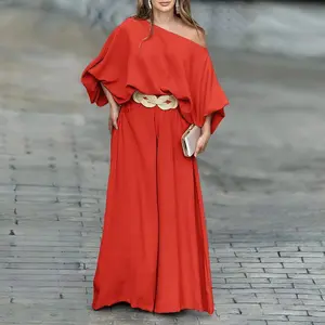 Women's Skew Neck Lantern Sleeve Top & Wide Leg Pants Set-No belt
