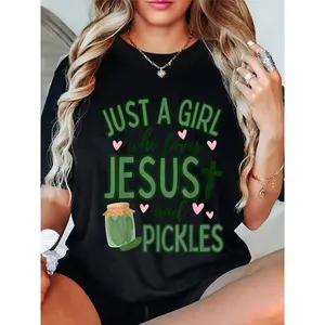 100% Cotton Just A Girl Who Loves Jesus And Pickles Funny Cute Faith T-Shirt Fabric Piece Top Clothes