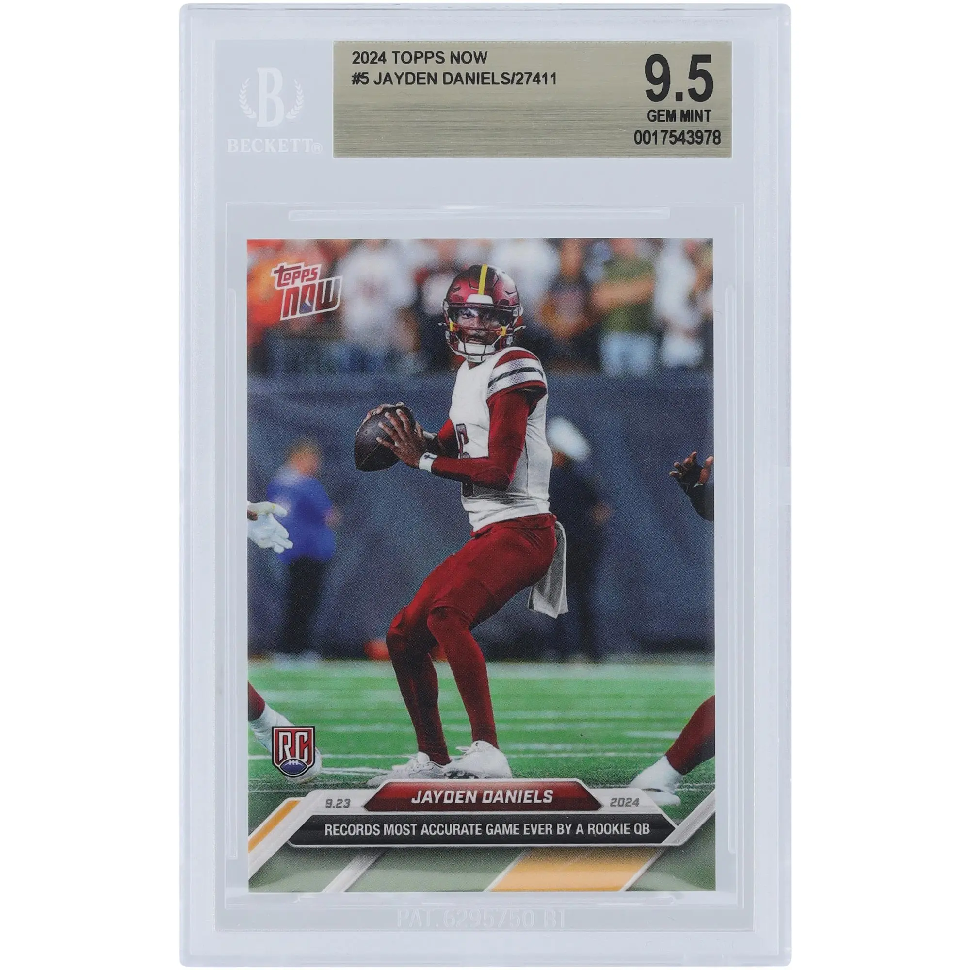 Jayden Daniels Washington Commanders 2024 Topps Now Records Most Accurate Game Ever By A Rookie QB #5 BGS Authenticated 9.5 Rookie Card