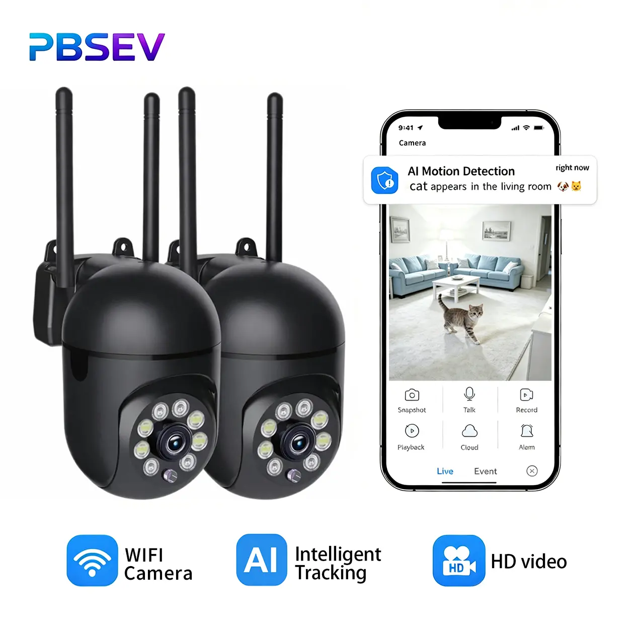 PBSEV 360° Home Security Camera 1080P HD with Color Night Vision Person & Motion Detection Two-Way Audio Indoor Outdoor Surveillance Bluetooth WiFi Connection