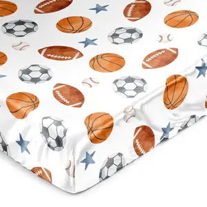 Sweet Jojo Designs Sports Theme Boy Baby Satin Fitted Crib Sheet Infant Newborn Nursery Toddler Bed Room Standard Mattress Watercolor Vintage Sport Soccer Balls Football Baseball Basketball Blue Stars