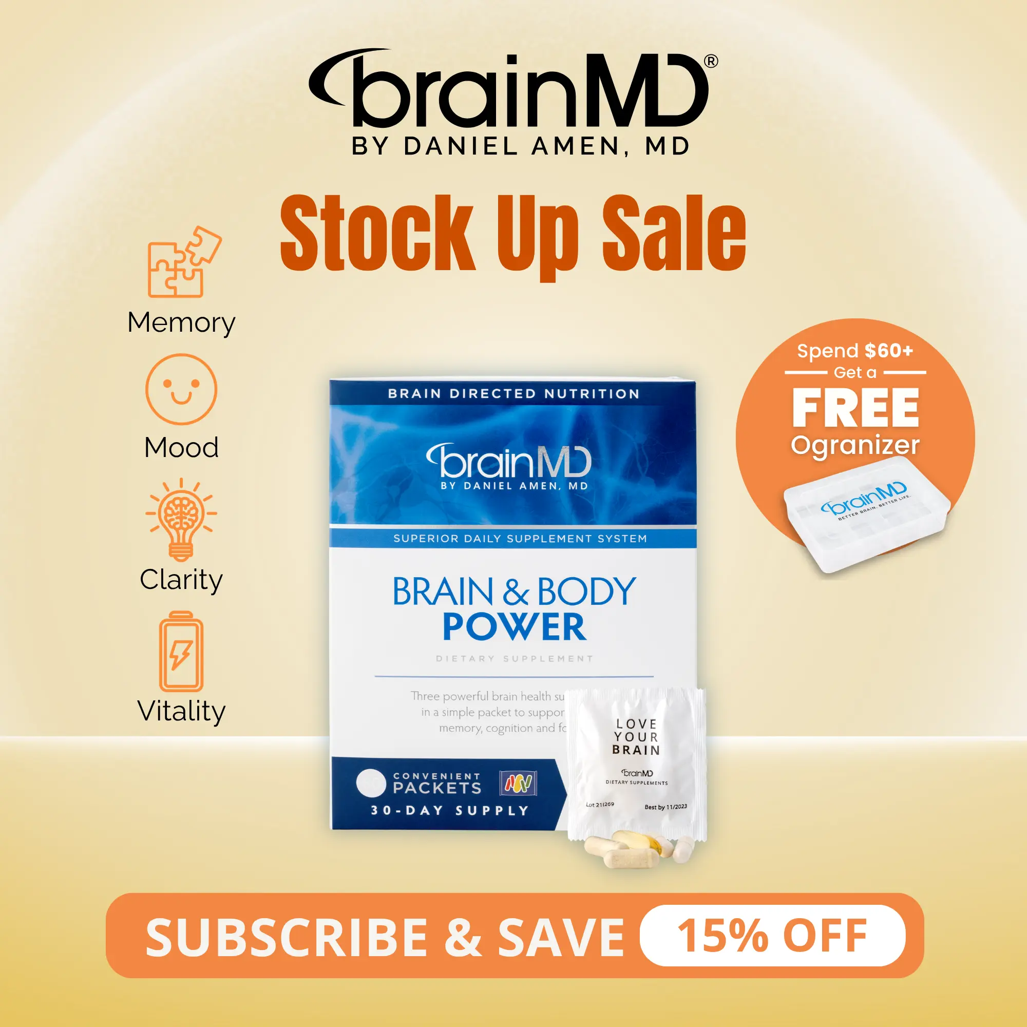 Brain & Body Power | BrainMD | 60 Packets | Memory, Mood & Vitality Support | Focus, Heart & Immune Health | Multivitamin, Omega-3 & Nootropic Blend
