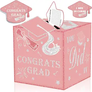 2026 Graduation Card Box Holder with 30pcs Graduation Cards, Graduation Party Decorations, Graduation Box for Gifts Cards Money, Pink Graduation Party Supplies Card Box