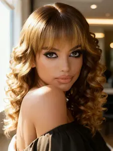 Glueless Long Fluffy Curly Wigs for Women, Soft Gorgeous Loose Wig with Straight Bangs, Synthetic Wigs for Daily Vintage and Costume Party Use（20 Inch）, Curly Hair Wigs, Fashion Fluffy Wigs