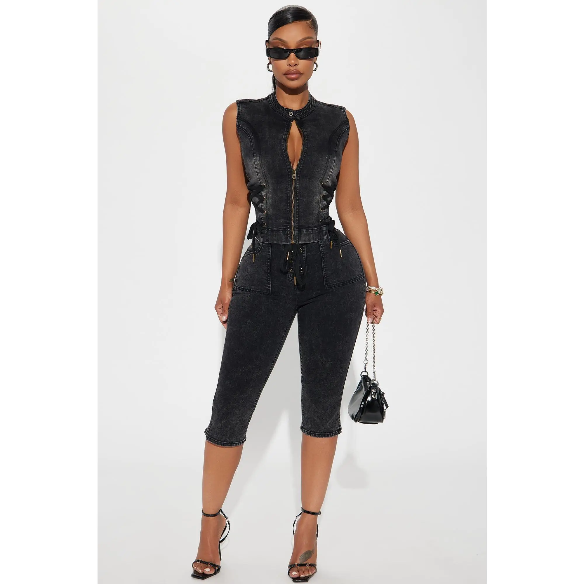 Leveled Up Lace Up Stretch Denim Capris - Black Wash