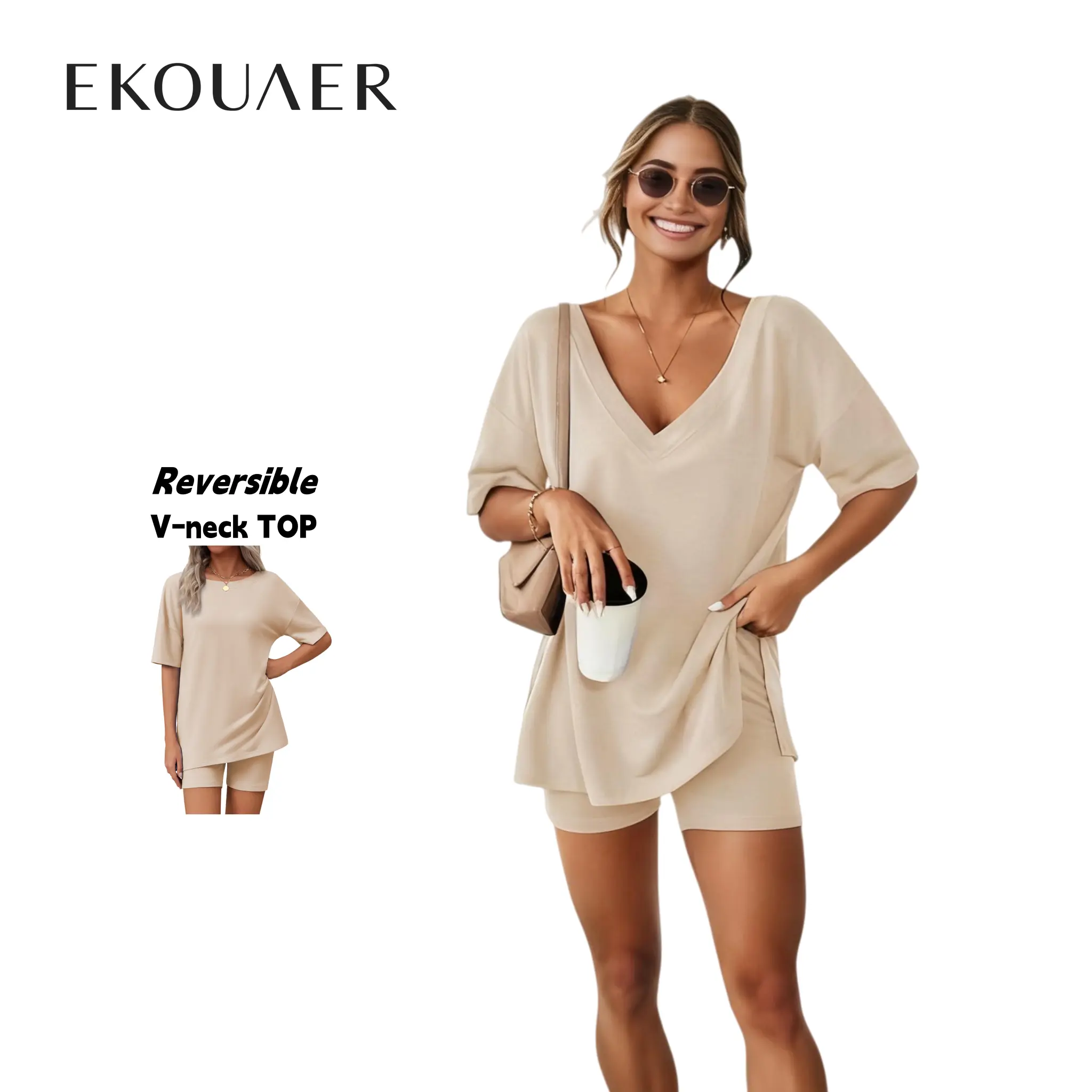 EKOUAER V-neck comfort Two-Piece Pajama Set For Women Summer Casual Split Hem Shirts & Biker Shorts Minimalist Lounge Wear Soft Homewear Cozy Pjs Clothes Comfy EKOUAER V-neck comfort Two-Piece Pajama Set For Women Summer Casual Split Hem Shirts & Biker Shorts Minimalist Lounge Wear Soft Homewear Cozy Pjs Clothes Comfy