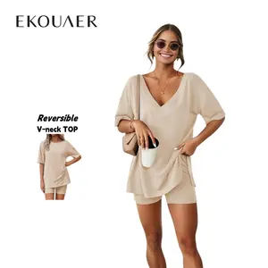 EKOUAER V-neck comfort Two-Piece Pajama Set For Women Summer Casual  Split Hem Shirts & Biker Shorts Minimalist Lounge Wear Soft Homewear Cozy Pjs Clothes Comfy