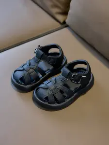 Infant Roman Sandals, Vintage Simple Style, PU Material, Anti-Slip Rubber Sole, Buckle Design, Protective Toe, Breathable, 1-3 Years