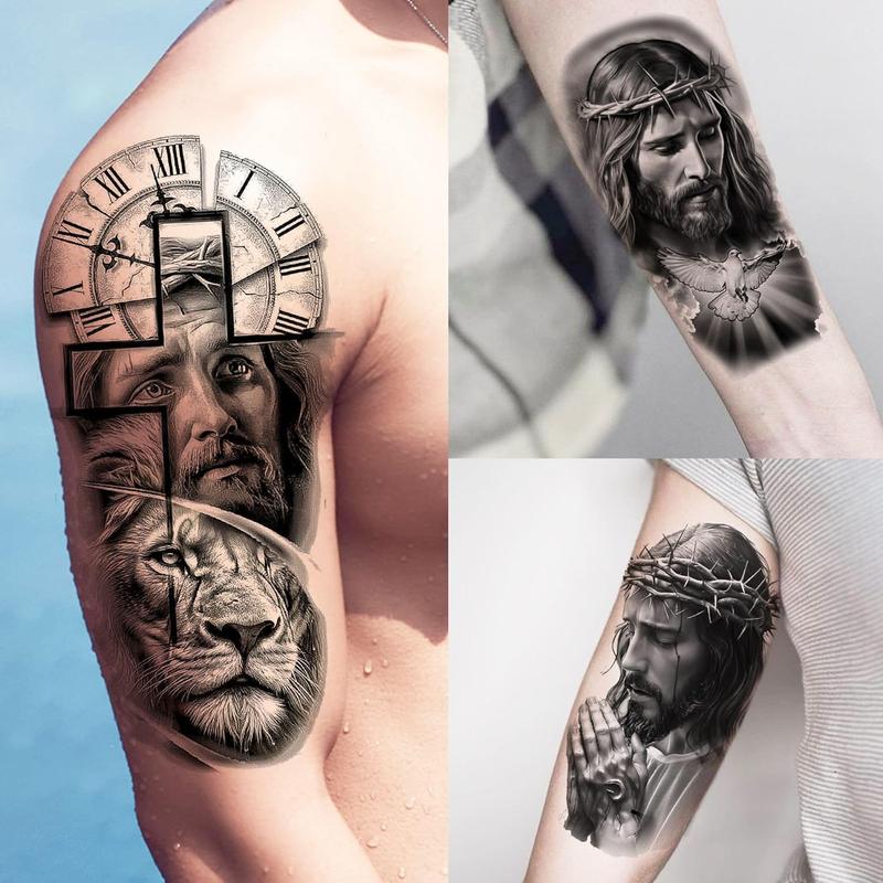 73 Sheets God Jesus Christ Temporary Tattoos For Men Adults, Religious Cross Prayer Half Arm Sleeve Tattoos For Women Rose Flower, Temp Christian Faith Belief Family Fake Tattoo Stickers Halloween