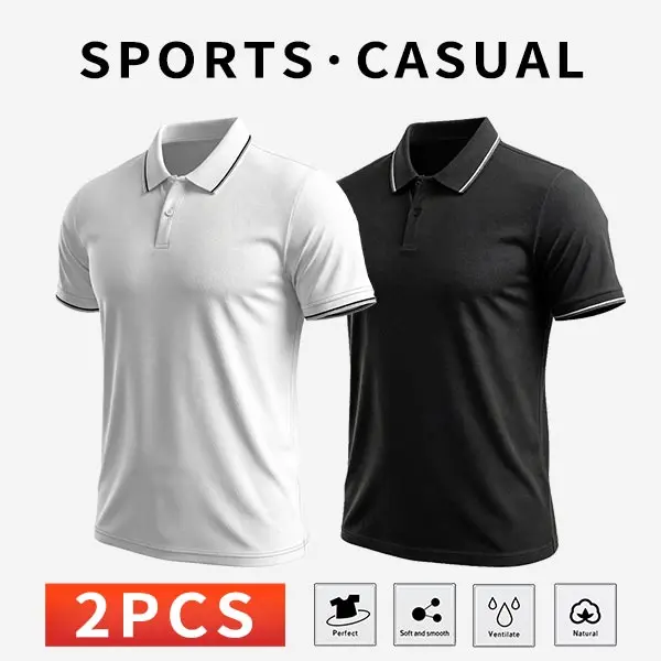 Men's 2-Pack Plain Polo Shirts - Short Sleeve Soft Knit Fabric Tops with Contrast Collar, Breathable Wear, Moisture-Wicking for Casual Wear, Buttoned Polo Shirt, Contrast Trim Polo Shirts