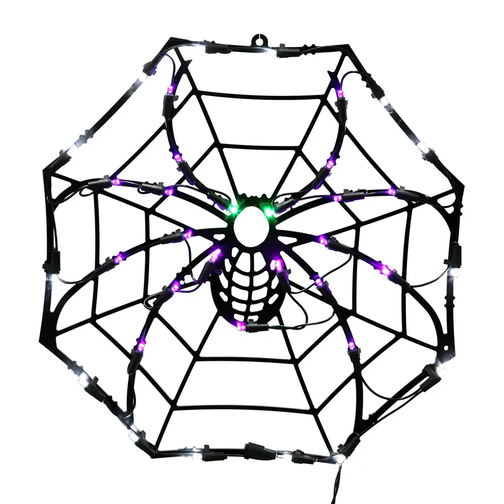 LED Spider Web Window Lighted Decor with Purple, Green, Clear Lights - 17 x 17 in.