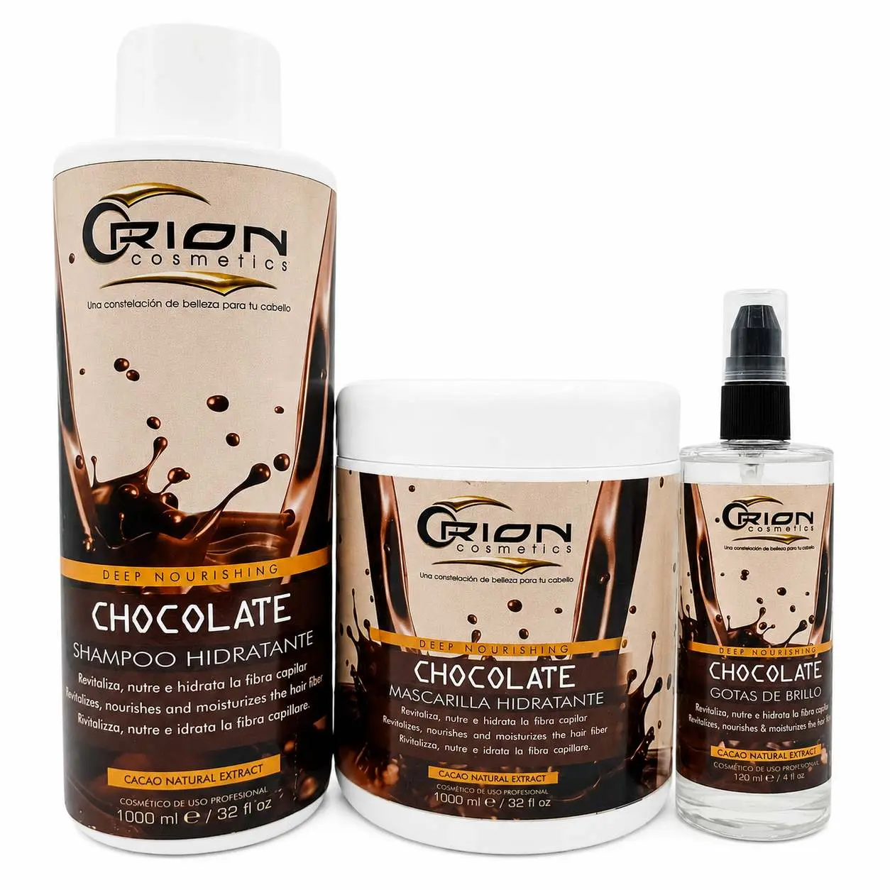 Orion Cosmetics Chocolate Hair Care Kit Shampoo Mask Shine Drops Cacao