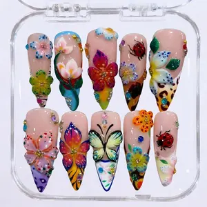 Maximalist Tropical Press On Nails With 3D Butterfly Ladybug And Flower Wild Nail Art