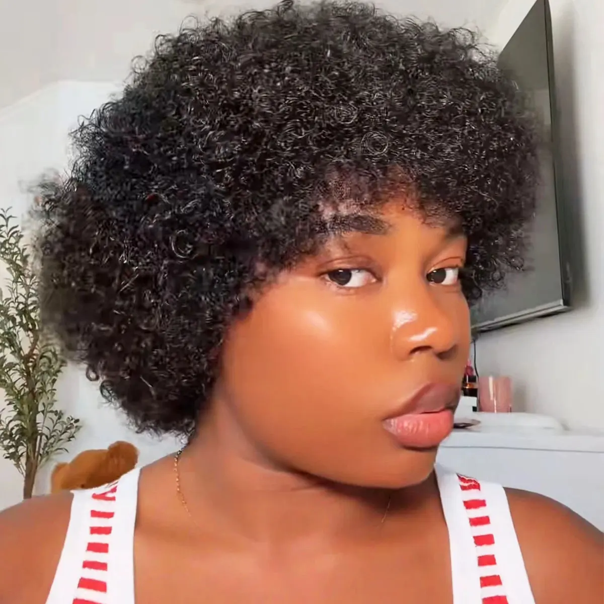 ShowRealhair Pissy Curly Wig For Black Women — A Fluffy Tightly Curled Human Hair Wig No Lace Design Featuring A Naturally Voluminous Texture That Is Full Of Bounce And Dynamic Movement Quick Install Easy Wear