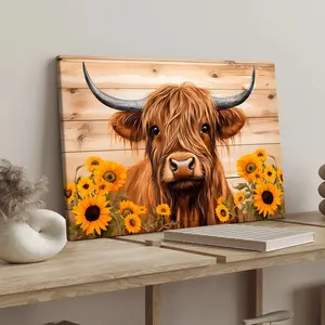 1 Count Wood Frame Canvas, Highland Cow & Sunflower Pastoral Poster, Vintage Animal Decoration, Stylish Home Poster, Exquisite Bedroom Mural, Modern Art Decoration, Perfect for hallway wall decoration, Ideal gift, waterproof, print
