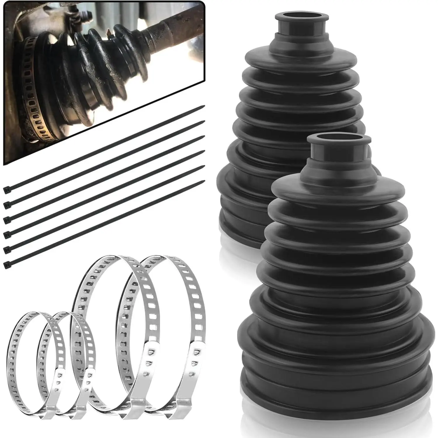 2PCS CV Boot with 4 Stainless Steel Clamps & 6 Cable Ties,Waterproof & Dustproof CV Axle Boot Repair Kit for Protect Axle,Universal CV Joint Boot Fits for Most Cars (2PCS)