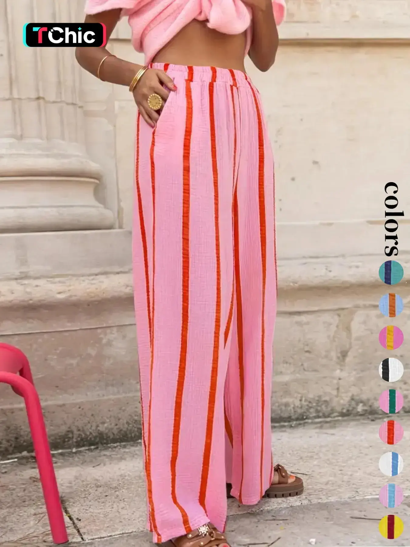 Women's Striped Print Wide Leg Pants, Boho Casual Trousers, Casual Comfy Trousers for Daily Wear, Ladies Bottoms for All Seasons, Casual Chic Bottoms, Casual Straight Leg, Woven