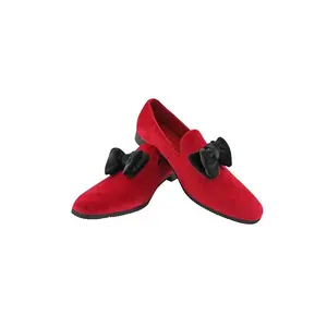 Mens Slip On Red Velvet With Black Bow Dress Loafer Shoes Prom Wedding By AZARMAN