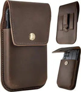 Leather Cell Phone Holster for Men, Universal Leather Phone Case ,  16 Pro Max Belt Holder, S23 Ultra Belt Clip Pouch, Dark Brown Color