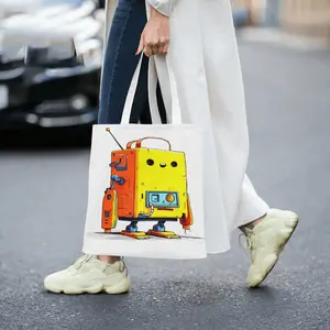 Cute Cartoon Robot Canvas Tote Bag Large Capacity Shoulder Bag Student Schoolbag Fashion Shopping Bag Eco-friendly Portable Travel Bag Unisex Casual Handbag
