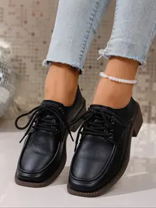 Women's Thick Sole Fashion High-End Single Shoe, Leather Face Stylish Laced Up Elevator Shoes, Office Shoes, All Seasons Wearable