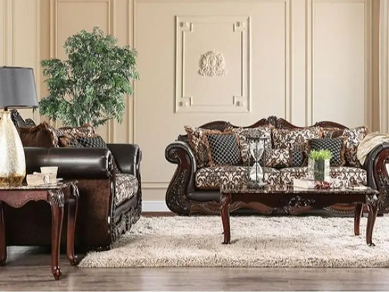 SM6405 2 pc Jamael tan/brown/silver fabric wood trim traditional sofa and love seat set