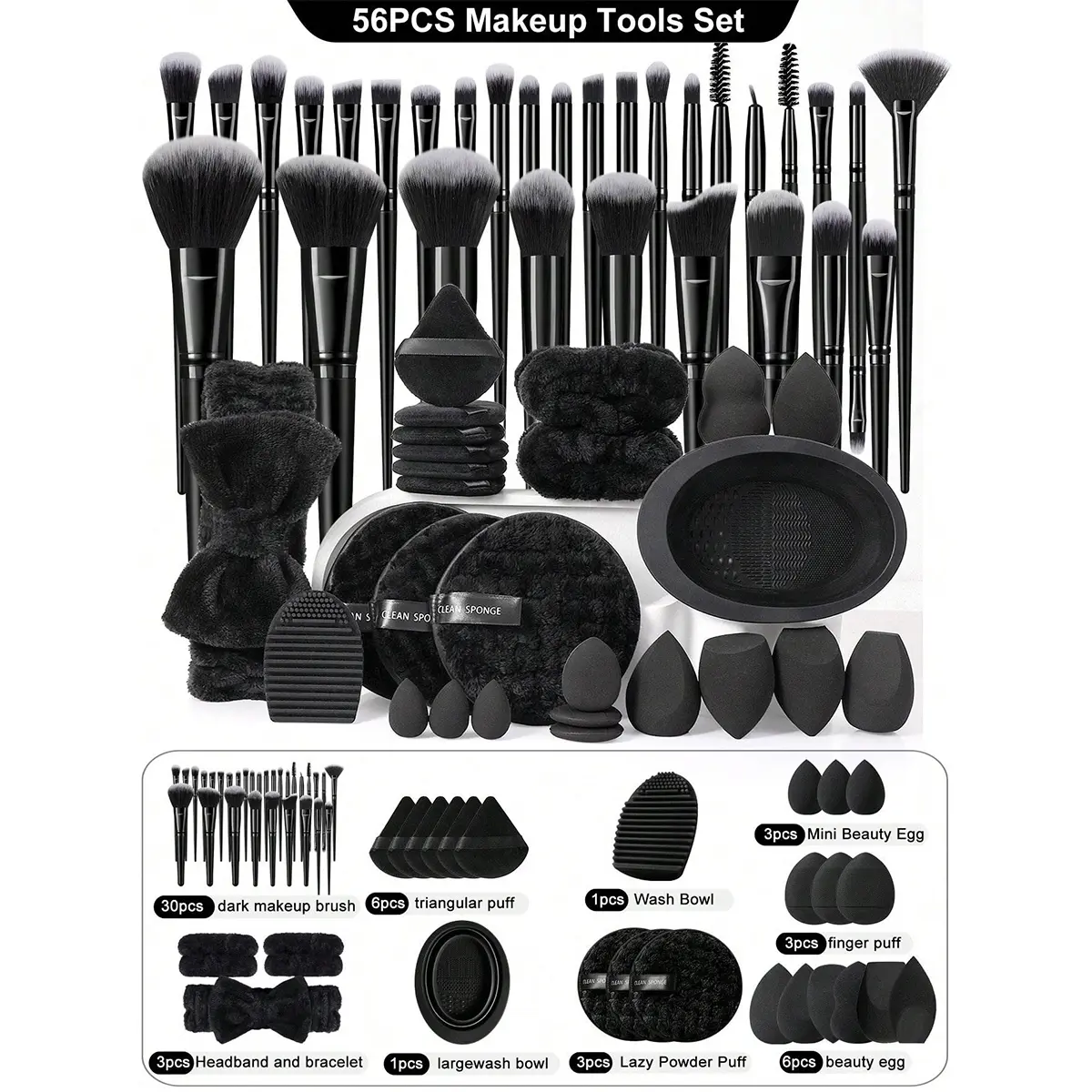 56PCS All-In-One Makeup Brush Set Assorted Powder Puffs & Beauty Sponges Soft Hairband Wrist Straps Brush Cleaner With Portable Waterproof Travel Storage Bag For Daily Facial Makeup Application