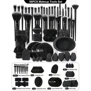 56PCS Makeup Tools Set,Waterproof Zipper Cosmetic Bag, 30 Makeup Brushes, 21 Puffs & Sponges, 1 Hairband, 2 Hand Bowl Straps (Anti-Water), 1 Brush Cleaning Tool,