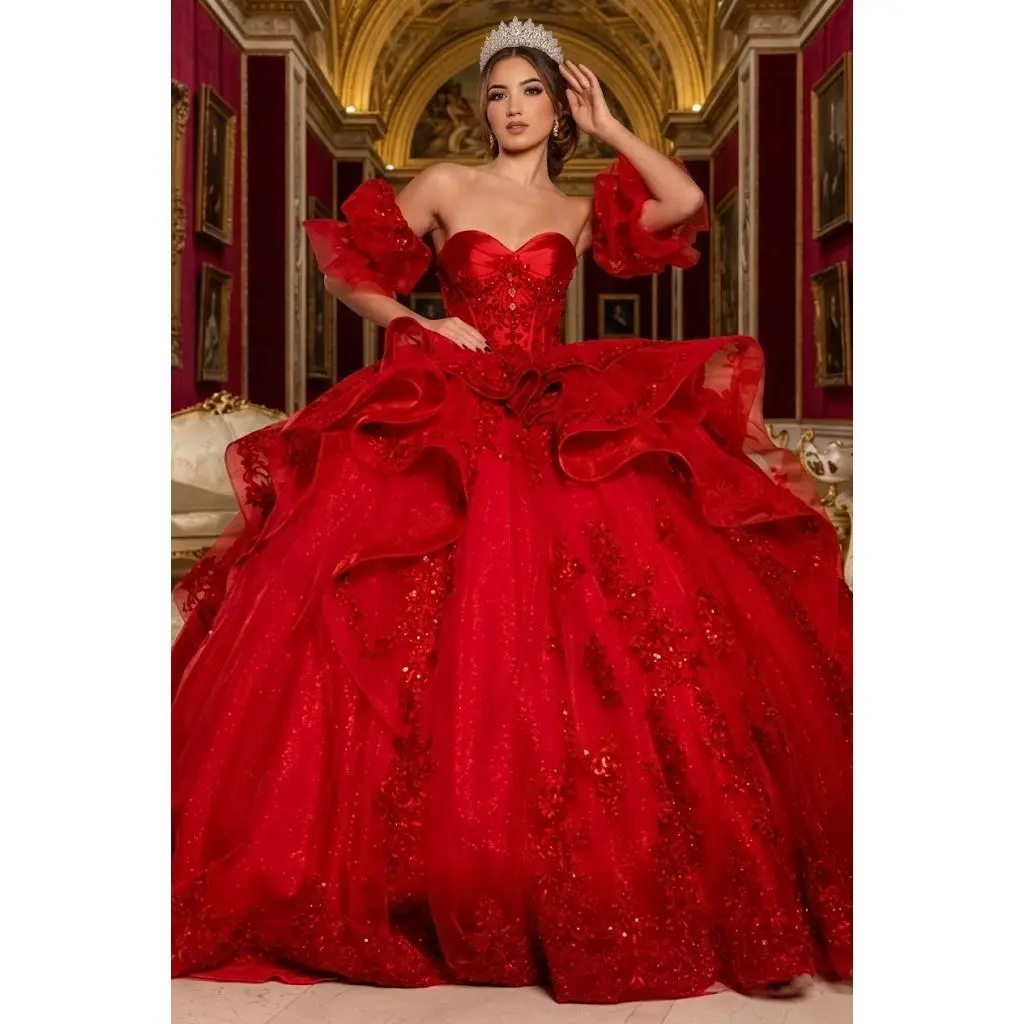 Quinceañera Ball Gown with Corset Bodice 3D Lace Appliqués & Detachable Train By Layla K LK289