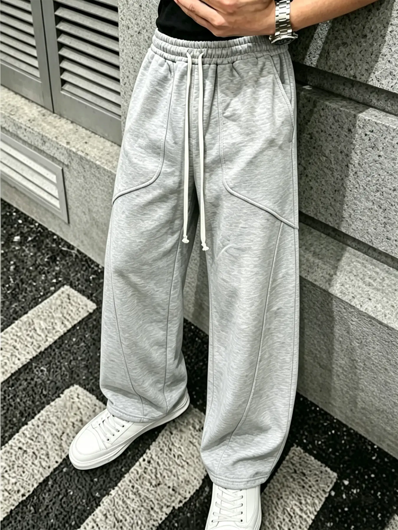 Men's Light Grey Loose Baggy Pants - Chic Sporty Drawstring Joggers with Unique Curved Side Seams, Gothic Print, Adjustable Waist, Slant Pockets for Casual Streetwear, Everyday Wear