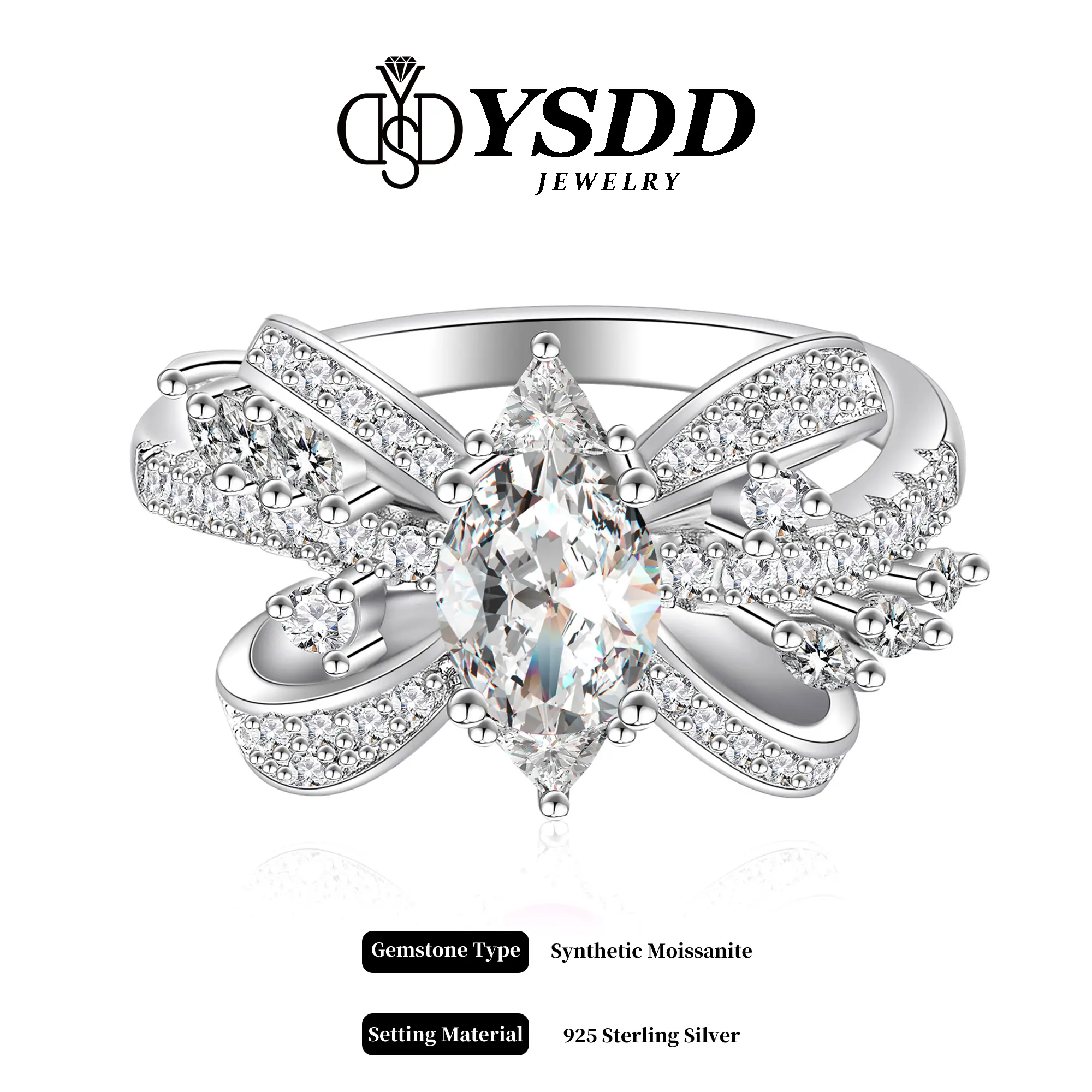 【#338 Charlotte】Luxury Bowtie Style Oval Cut 1CT Synthetic Moissanite Engagement Rings in 925 Sterling Silver Statement Ring
