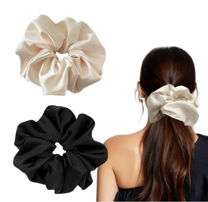 2 Pieces Jumbo Satin Silk Scrunchies for Women 7.5 Inches Large Oversize Scrunchies For Thick Hair Ties Hair Ornament (Black and Beige)