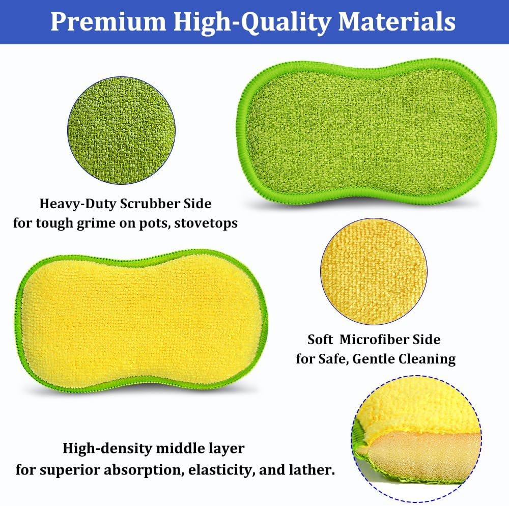 Dish Sponges Kitchen, 12 Pack Multi-Purpose Microfiber Scrub Sponge - Dual-Sided Heavy Duty Non-Scratch Scrubber, Reusable Cleaning Sponge for Dishes, Pots, Pans, Stovetop & Sink