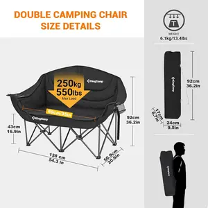 KingCamp Double Camping Chair, Oversized Heavy Duty 550lbs Loveseat for Adults Portable Folding XL 2 Person Couch Padded Comfortable Two Seat with Cup Holder for Outdoor Lawn Backyard, Black