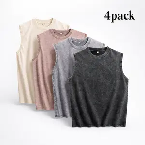 4PACK 210G Mens Workout Tank Tops Sleeveless Tee Shirts Men Muscle Shirt Gym Acid Wash T Shirts Running Beach Loose Fit Tee