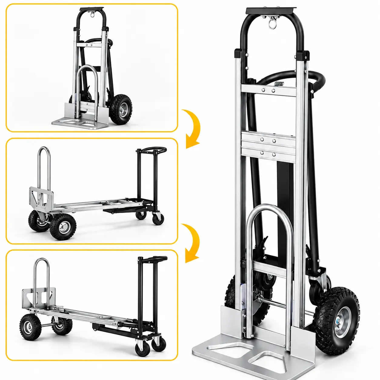 Durable 3-in-1 Convertible Hand Truck for Adults - 850 lbs Capacity Stable Metal Frame Foldable Cart, Stable 4-wheel Roll Flat 4-wheel Cart for Garage, Moving Boxes