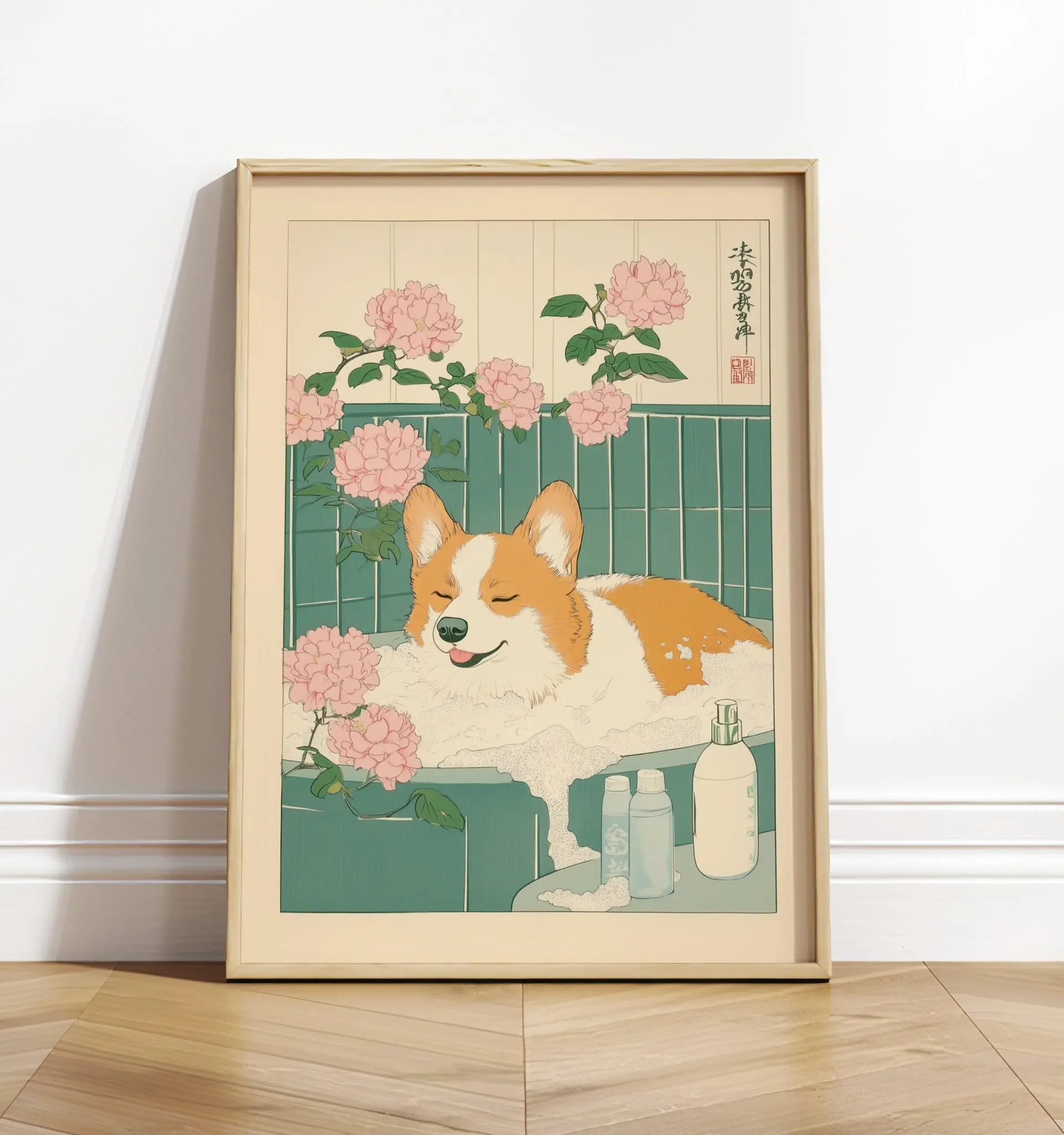 Unframed Japandi Corgi in Bathtub Bordered Paper Poster Print - Artistic Animal Design, Multi-Size (12x18,24x36,30x30), Rustic Japanese Art Wall Decoration, Bathroom Neutral Spa Accent, Dog Lover Gift, Shipping Tube Included, 16X24, None