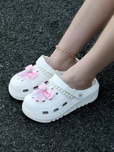 Cute Trendy Women's Sandals with Bow, Thick Sole Heightening, Youthful Garden Shoes, Casual Durable Indoor Slippers, Sliders Shoes