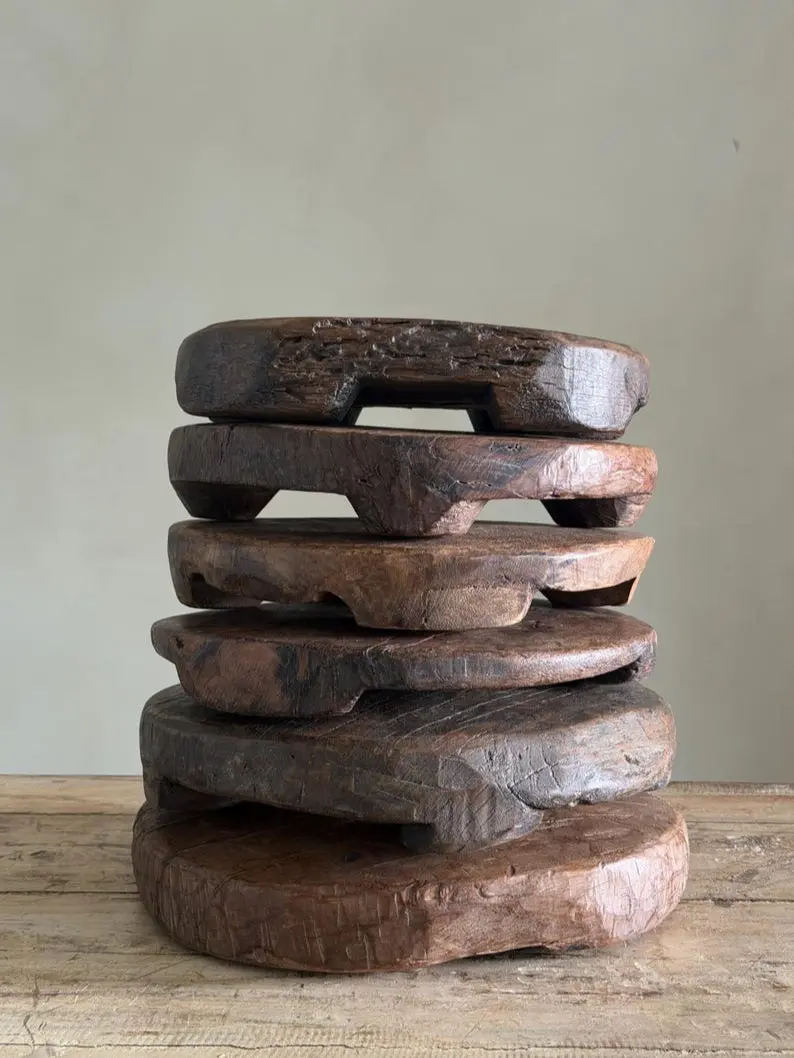 Rustic Circular Vintage Chapati Wooden Riser Trivet, Farmhouse Decor, Kitchen Stand, Bathroom Vanity Stand, Plant Stand
