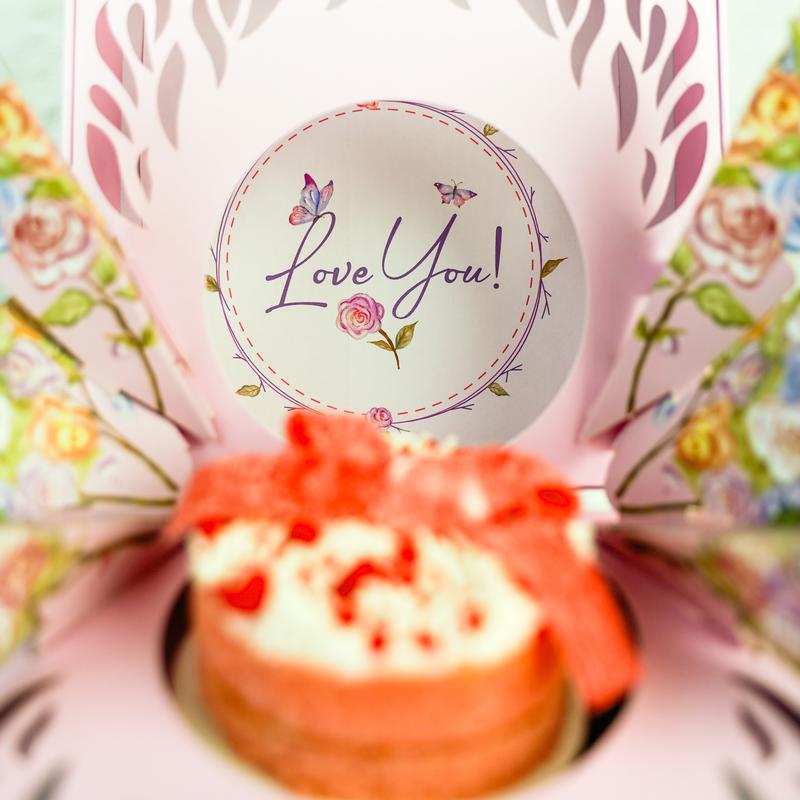 Love You Bloom Box by Send A Cake - A Delightful Surprise Perfect For Valentine's Day, with Strawberry Short Cake & Pop-Up Flowers - Unique & Beautiful Gift Set For Any Occasion - A Dessert Worth Sending
