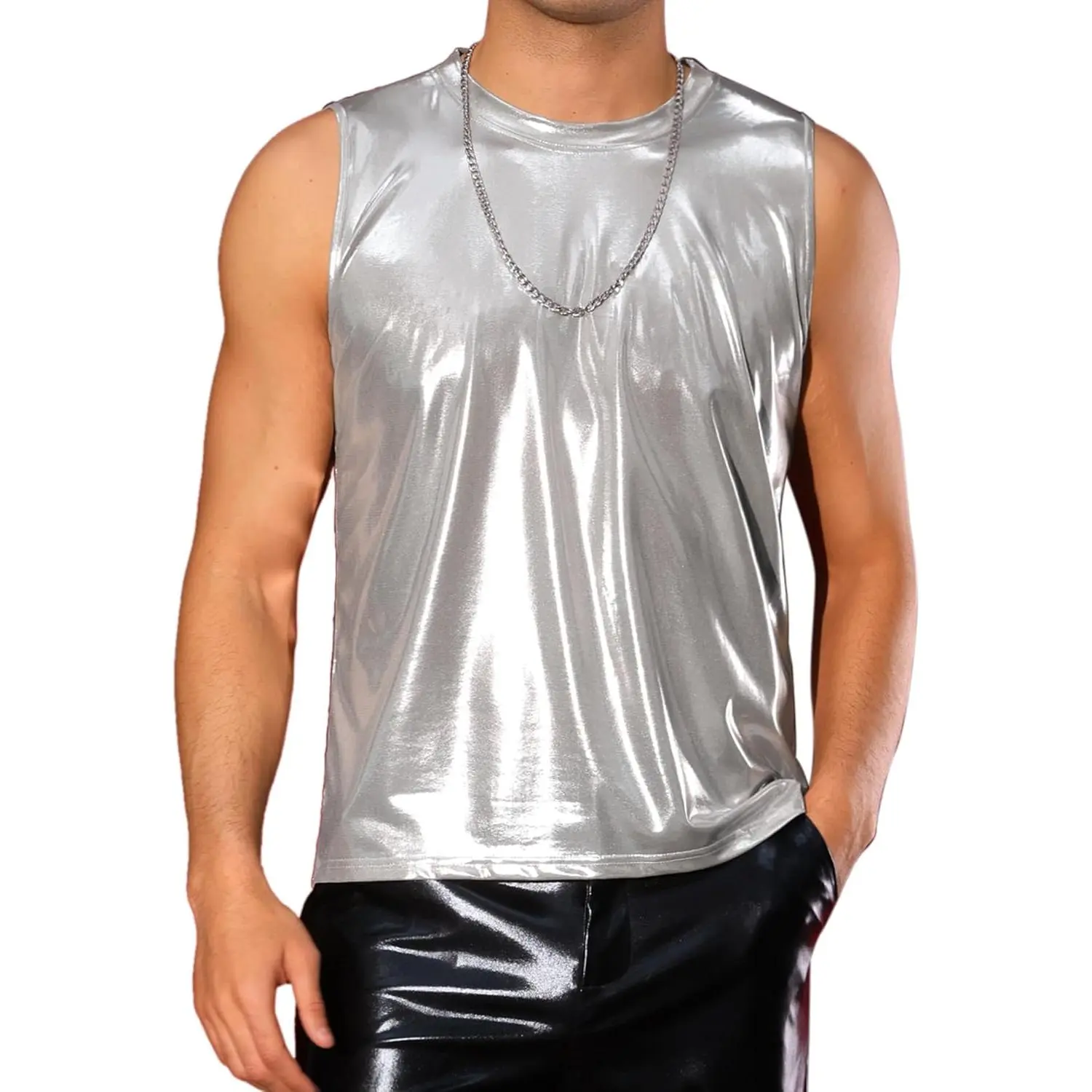 Lars Amadeus Menswear Stylish Metallic Crew Neck Tank Top - Holographic Shiny Sleeveless Vest for Disco Parties, Pairable with Leather Pants