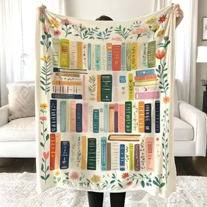 Vintage Library Blanket, Boho Wildflowers Bookish Quilt,Cottagecore Flower Book Gift, Retro Book Lover Gift for Reader Librarian Teacher, Man Women Gift