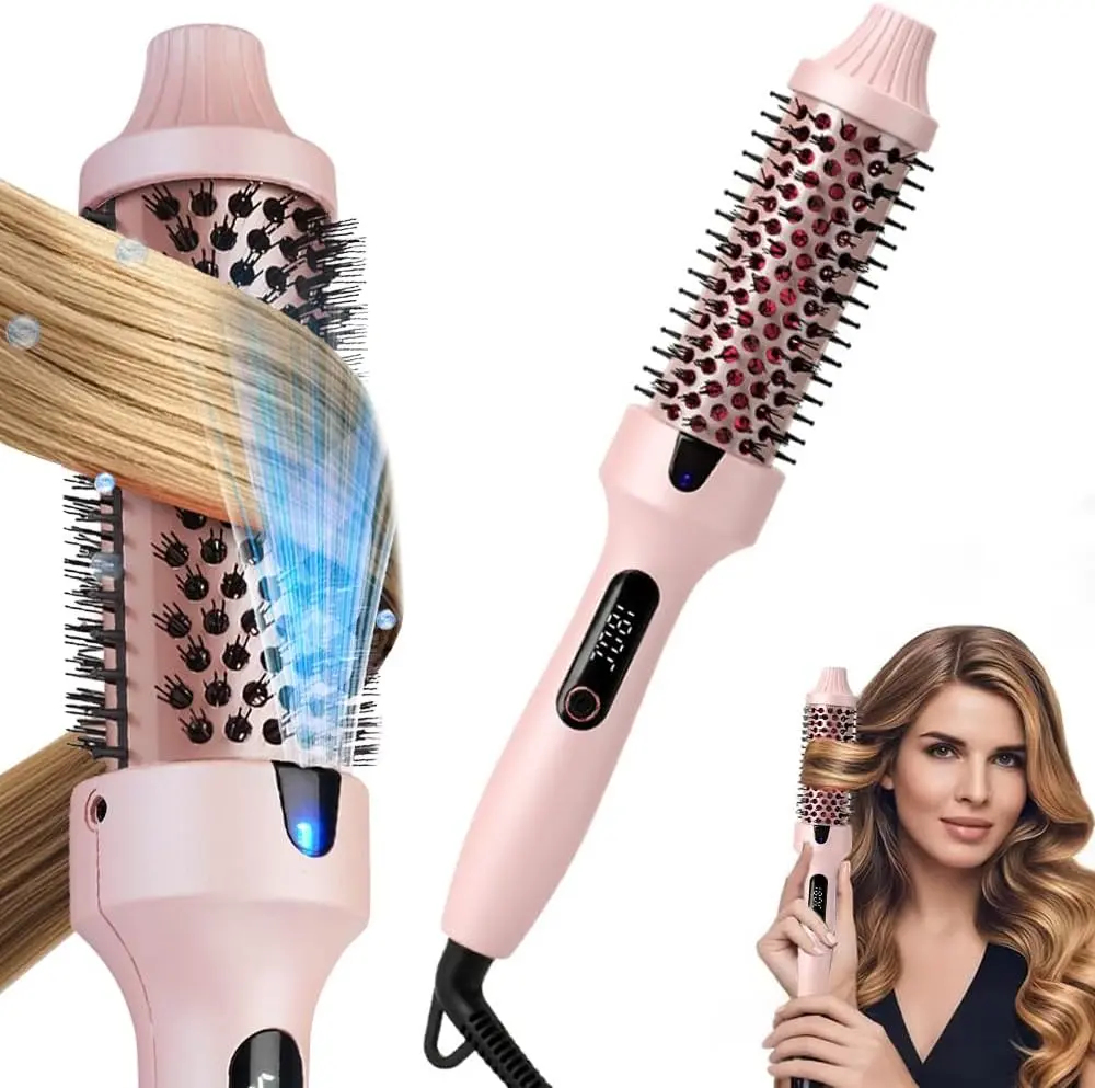 Thermal Brush for Blowout Look, Heated Round Brush with 2× Negative Ions Release for Less Frizzy, Dual Voltage Heated Curling Brush for Travel, Airflow Heat & Dual PTC Technology, Pink