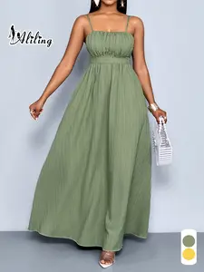 Elegant Chic Minimalist Summer Casual Wear Women's Solid Color Dress, Fine Strap Shoulder Cut Out Shirred Long Dress, Perfect for Leisure and Travel, Casual Fashion Dress