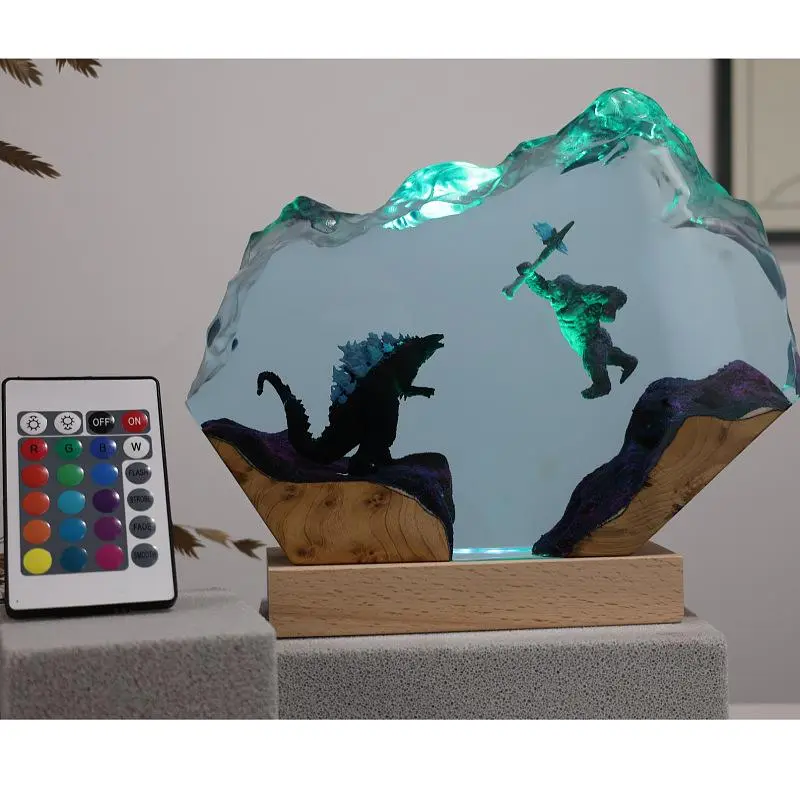 Handmade Godzilla vs Kong Resin LED Lamp - Glowing Monster Battle Diorama Night Light with Solid Wood Base, Adjustable Cool Atmosphere Desk Lamp, Epoxy Resin Art Decor (Compact Desktop Dimensions) for Kid Room, Back-to-School Gift Ideas for Movie Fans, No